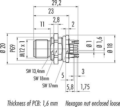 Dibujo a escala M12 Enchufe de brida, Número de contactos: 5, blindable, THT, IP68, UL 2238, PG 9, Montaje en pared, moldeado