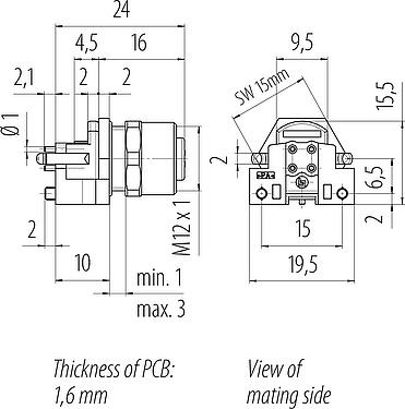Dibujo a escala M12 Toma de brida, Número de contactos: 4, sin blindaje, THR, IP67, UL 2238, M12x1,0, Montaje en pared