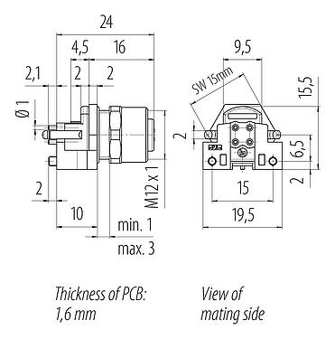 Dibujo a escala M12 Toma de brida, Número de contactos: 4, sin blindaje, THR, IP67, UL 2238, M12x1,0, Montaje en pared