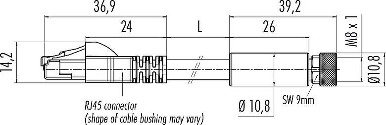Dessin coté M8 Câble de raccordement connecteur femelle - connecteur RJ45, Contacts: 4, blindé, moulé/sertissage, IP67, UL, Ethernet CAT5e, TPE, bleu/vert, 2 x 2 x AWG 24, 0,3 m