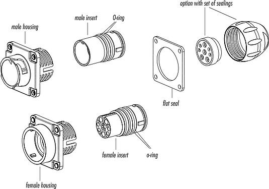 Component part drawing Bayonet Female panel mount connector, Contacts: 4+PE, unshielded, crimping (Crimp contacts must be ordered separately), IP68/IP69K, UL 2238, VDE, Front mounting, UV resistant