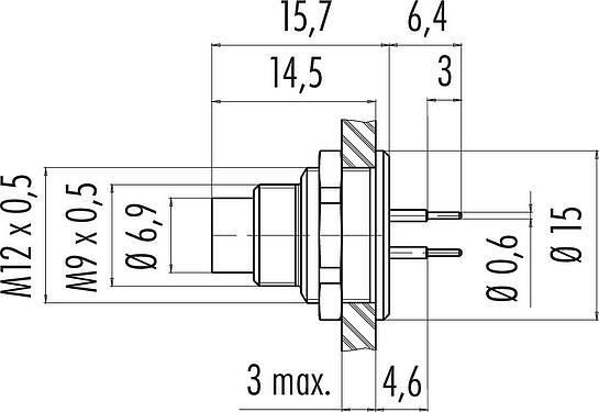 Dibujo a escala M9 Enchufe de brida, Número de contactos: 3, sin blindaje, THT, IP67, M12x0,5, Montaje en pared, moldeado
