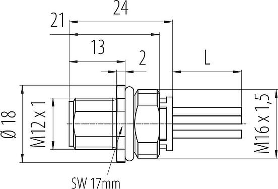 Dibujo a escala M12 Enchufe de brida, Número de contactos: 4, sin blindaje, hilos, IP68, UL 2238, M16x1,5, Montaje frontal