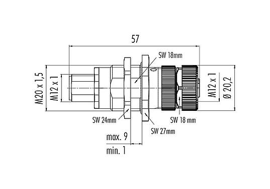 Scale drawing M12 Lead-through for control cabinet, Contacts: 12, shielded, pluggable, IP40, Rear mounting