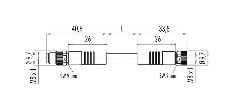 Scale drawing M8 Connecting cable male cable connector - female cable connector, Contacts: 3, unshielded, moulded on the cable, IP67/IP69K, UL 2238, PUR, black, 3 x 0.34 mm², 0.6 m