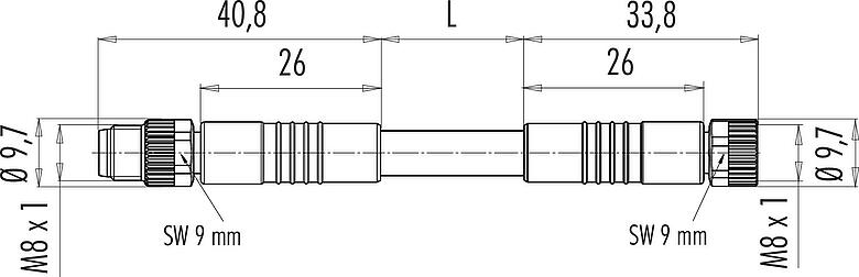 Scale drawing M8 Connecting cable male cable connector - female cable connector, Contacts: 4, unshielded, moulded on the cable, IP67/IP69K, UL 2238, PUR, black, 4 x 0.34 mm², 3 m