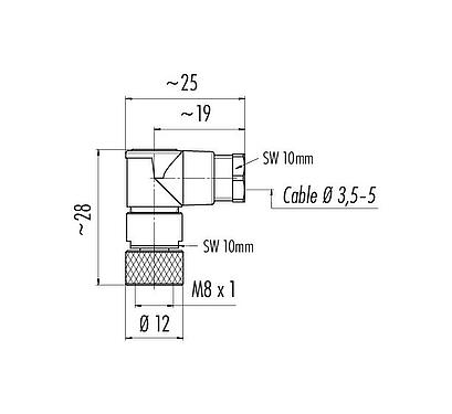 Dessin coté M8 Connecteur femelle coudé, Contacts: 3, 3,5-5,0 mm, non blindé, souder, IP67, UL 2238