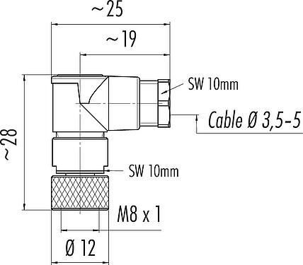 Scale drawing M8 Female angled connector, Contacts: 4, 3.5-5.0 mm, unshielded, solder, IP67, UL 2238