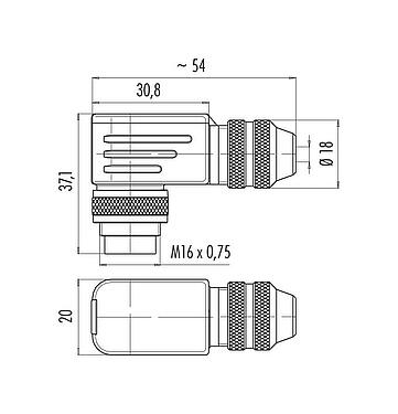 Scale drawing M16 Male angled connector, Contacts: 8 (08-a), 4.0-6.0 mm, shieldable, solder, IP67, UL 2238