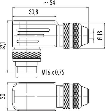 Dessin coté M16 Connecteur mâle coudé, Contacts: 6 (06-a), 4,0-6,0 mm, blindable, souder, IP67, UL 2238