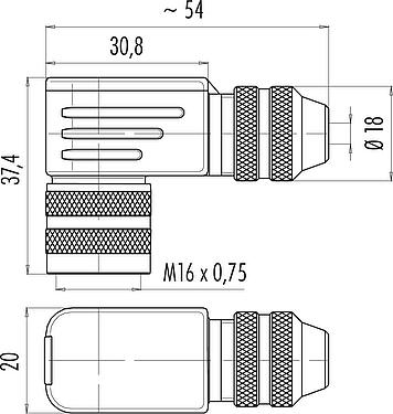 Scale drawing M16 Female angled connector, Contacts: 3 (03-a), 4.0-6.0 mm, shieldable, solder, IP67, UL 2238