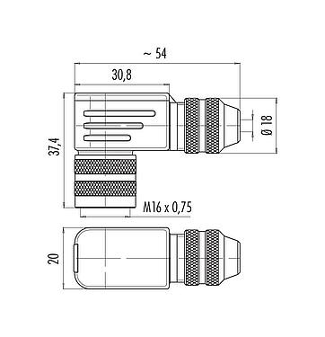 Scale drawing M16 Female angled connector, Contacts: 7 (07-b), 4.0-6.0 mm, shieldable, solder, IP67, UL 2238