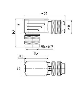 Scale drawing M16 Female angled connector, Contacts: 4 (04-a), 6.0-8.0 mm, shieldable, crimping (Crimp contacts must be ordered separately), IP67, UL 2238