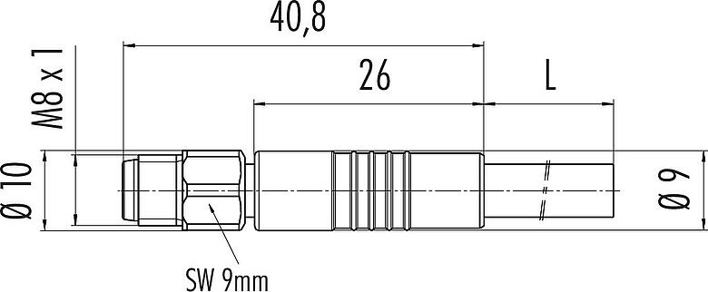 Dessin coté M8 Connecteur mâle, Contacts: 3, non blindé, surmoulé sur le câble, IP67/IP69K, UL 2238, PVC, gris, 3 x 0,34 mm², Acier inoxydable, 2 m
