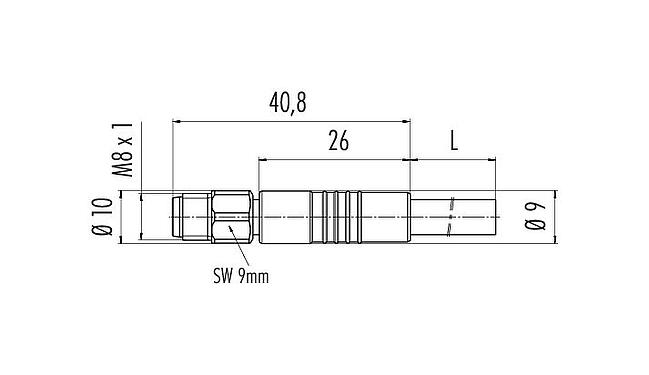 Scale drawing M8 Male cable connector, Contacts: 6, unshielded, moulded on the cable, IP67/IP69K, UL 2238, PUR, black, 6 x 0.25 mm², stainless steel, 2 m