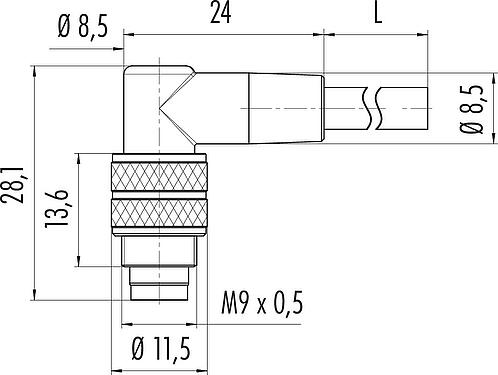 Dessin coté M9 Connecteur mâle coudé, Contacts: 3, non blindé, surmoulé sur le câble, IP67, PUR, noir, 3 x 0,25 mm², 5 m
