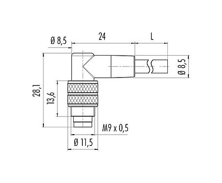 Dibujo a escala M9 Conector macho en ángulo, Número de contactos: 5, sin blindaje, moldeado en el cable, IP67, PUR, negro, 5 x 0,25 mm², 2 m