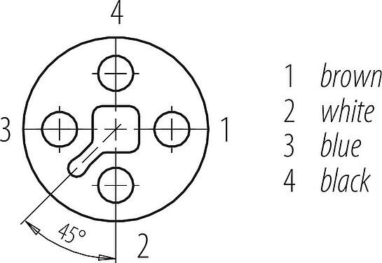 Disposición de los contactos (lado de la conexión) M12 Conector de cable hembra, Número de contactos: 4, sin blindaje, moldeado en el cable, IP68, UL 2238, PUR, negro, 4 x 1,50 mm², 2 m