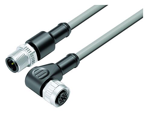 Illustration M12 Connecting cable male cable connector - female angled connector, Contacts: 3, unshielded, moulded on the cable, IP68/IP69K, UL 2238, PVC, grey, 3 x 0.34 mm², 1 m