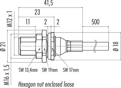 Dessin coté M12 Embase mâle, Contacts: 8, blindé, assemblés avec câble, IP68, M16x1,5, PUR, noir, 8 x 0,25 mm², Montage mural arrière, 0,5 m