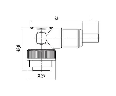 Scale drawing RD24 Male angled connector, Contacts: 3+PE, unshielded, moulded on the cable, IP67, PVC, black, 4 x 1.50 mm², 2 m