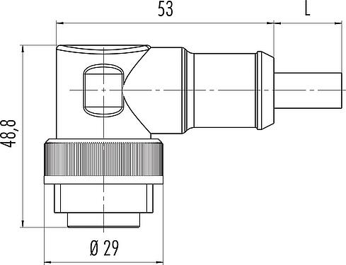Dibujo a escala RD24 Conector macho en ángulo, Número de contactos: 3+PE, sin blindaje, moldeado en el cable, IP67, PVC, negro, 4 x 1,50 mm², 2 m