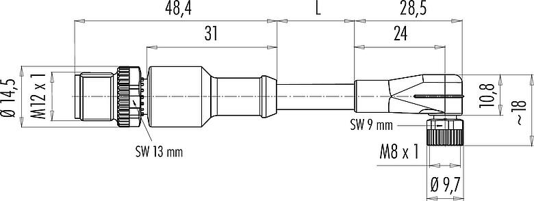Scale drawing M12/M8 Male cable connector - female angled connector, Contacts: 3, unshielded, moulded on the cable, IP67/IP69K, PUR, black, 3 x 0.25 mm², with LED PNP closer, 1 m