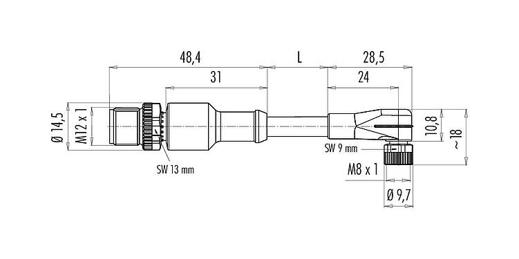Scale drawing M12/M8 Male cable connector - female angled connector, Contacts: 3, unshielded, moulded on the cable, IP67/IP69K, PUR, black, 3 x 0.25 mm², with LED PNP closer, 1 m