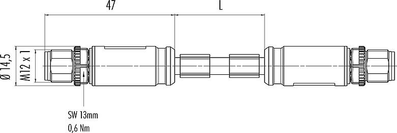 Scale drawing M12 Connecting cable 2 male cable connectors, Contacts: 8, shielded, moulded on the cable, IP67, UL, PUR, green, AWG 26/7, 5 m
