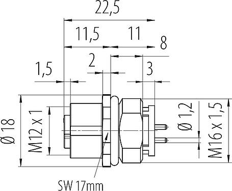 Dibujo a escala M12 Toma de brida, Número de contactos: 4, sin blindaje, THR, IP68, UL 2238, M16x1,5, Montaje frontal