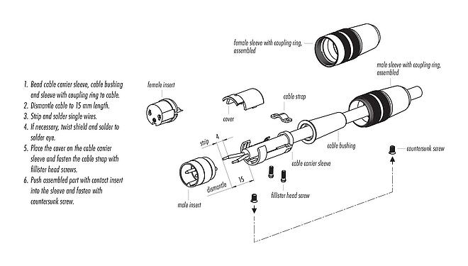 Assembly instructions M16 Female cable connector, Contacts: 5 (05-b), 3.0-6.0 mm, unshielded, solder, IP40