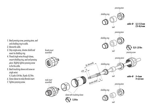 Assembly instructions M12 Female cable connector, Contacts: 12, 5.5-8.6 mm, shieldable, solder, IP68/IP69K, UL 2238, Ecolab, stainless steel, with shielding ring
