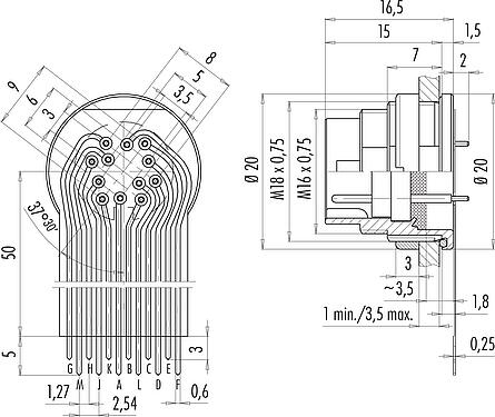 Connection & dimensions M16 Male panel mount connector, Contacts: 12 (12-a), unshielded, THT, IP67, M18x0,75, Rear mounting
