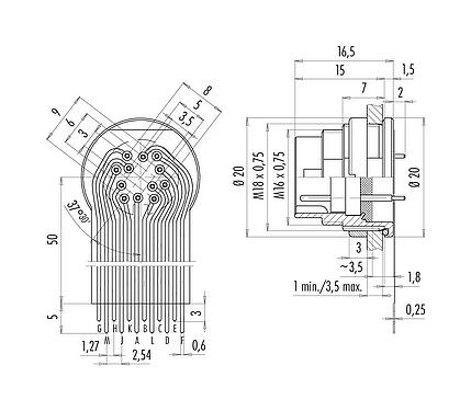 Conexión y dimensiones
M16 Enchufe de brida, Número de contactos: 12 (12-a), sin blindaje, THT, IP67, M18x0,75, Montaje en pared