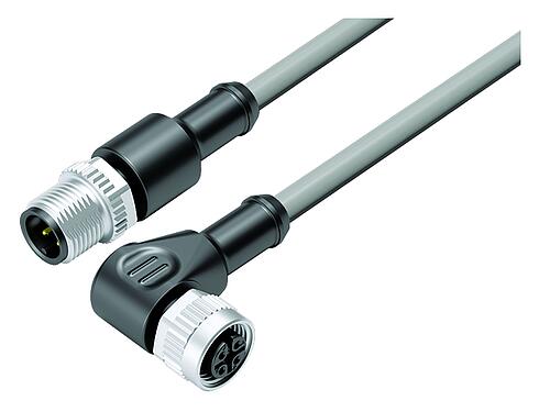Illustration M12 Connecting cable male cable connector - female angled connector, Contacts: 4, unshielded, moulded on the cable, IP68/IP69K, UL 2238, PVC, grey, 4 x 0.34 mm², 1 m