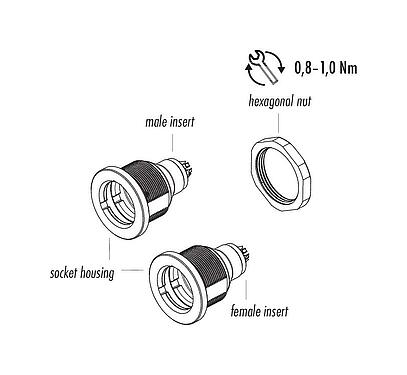 Component part drawing Push Pull Male panel mount connector, Contacts: 3, unshielded, solder, IP40, M14x0,5, Front mounting