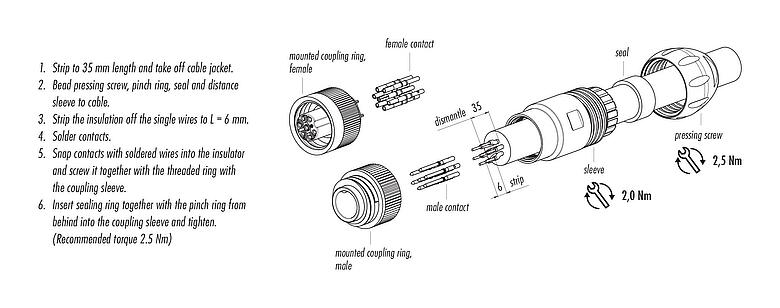 Instructions de montage RD24 Connecteur mâle, Contacts: 6+PE, 7,0-17,0 mm, non blindé, souder, IP67, UL, ESTI+, VDE