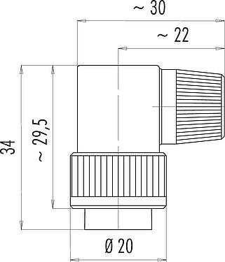 Dibujo a escala Bayoneta Conector macho en ángulo, Número de contactos: 2, 6,0-8,0 mm, sin blindaje, soldadura, IP40