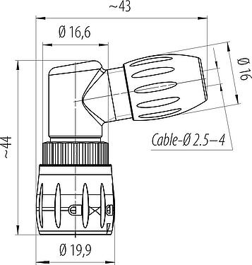 Dibujo a escala Bayoneta Conector macho en ángulo, Número de contactos: 8, 2,5-4,0 mm, sin blindaje, soldadura, IP67