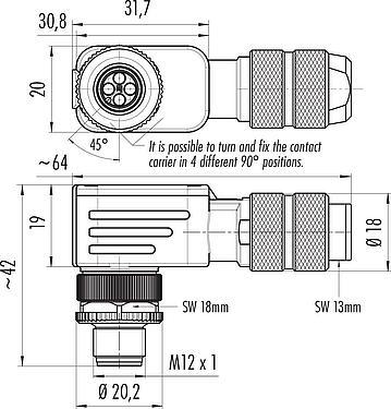 Scale drawing M12 Male angled connector, Contacts: 4, 5.0-8.0 mm, shieldable, crimping (Crimp contacts must be ordered separately), IP67, UL 2238