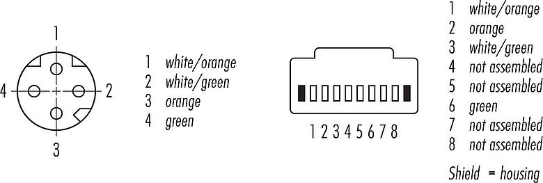 Disposition des contacts (Côté plug-in) M8 Câble de raccordement connecteur femelle - connecteur RJ45, Contacts: 4, blindé, moulé/sertissage, IP67, UL, Ethernet CAT5e, TPE, bleu/vert, 2 x 2 x AWG 24, 0,3 m