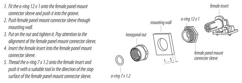 Assembly instructions M12 Male panel mount connector, Contacts: 4, unshielded, THR, IP67, UL 2238, M12x1.0, Rear mounting, for the power supply, two-part design