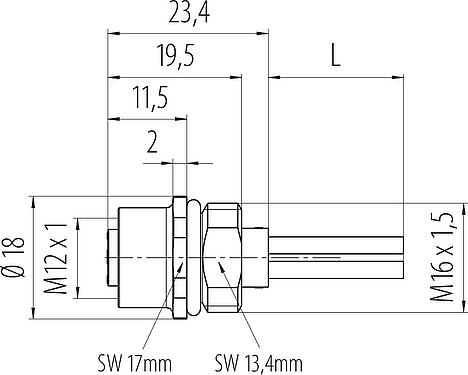 Dibujo a escala M12 Toma de brida, Número de contactos: 4, sin blindaje, hilos, IP68, UL 2238, M16x1,5, Montaje frontal, moldeado