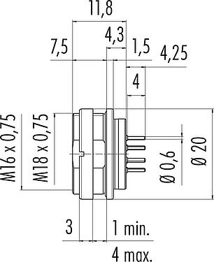 Scale drawing M16 Female panel mount connector, Contacts: 16, unshielded, THT, IP67, UL 2238, M18x0,75, Rear mounting