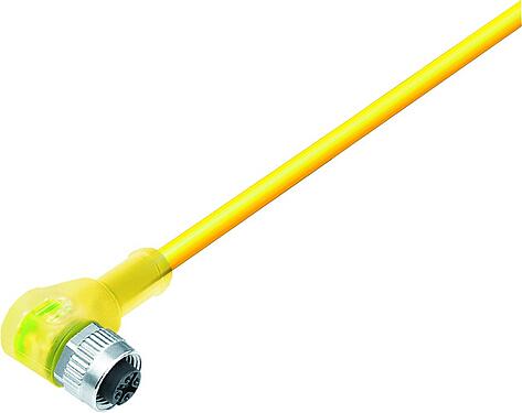 Illustration M12 Female angled connector, Contacts: 4, unshielded, moulded on the cable, IP68/IP69K, UL 2238, PLTC, TPE-E, yellow, 4 x AWG 22, with LED PNP closer, 1 m