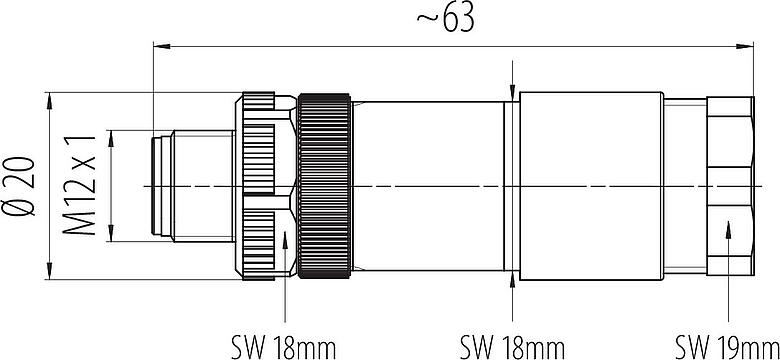 Scale drawing M12 Male cable duo connector, Contacts: 5, 2.1-3.0 mm (2 cable) or 4-5 mm (2 cable), unshielded, screw clamp, IP67, UL 2238