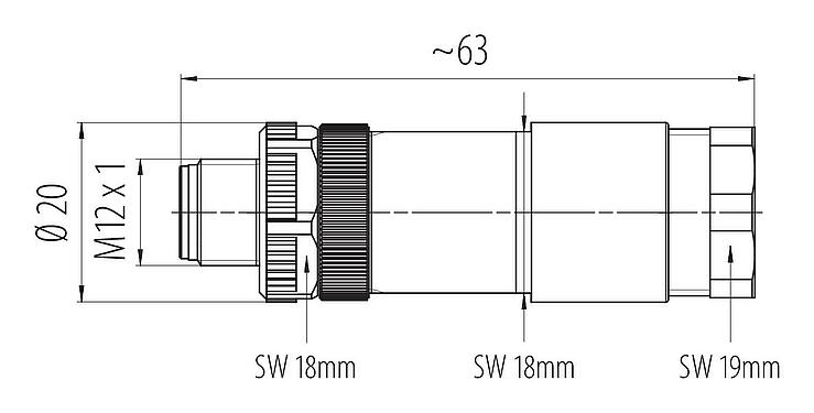 Scale drawing M12 Male cable duo connector, Contacts: 4, 2.1-3.0 mm (2 cable) or 4-5 mm (2 cable), unshielded, screw clamp, IP67, UL 2238