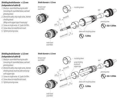 Assembly instructions M12 Male cable connector, Contacts: 5, 8.0-9.0 mm, shieldable, screw clamp, IP67, UL 2238, iris spring