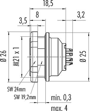 Scale drawing Push Pull Male panel mount connector, Contacts: 14, unshielded, solder, IP67, M21x1,0, Rear mounting