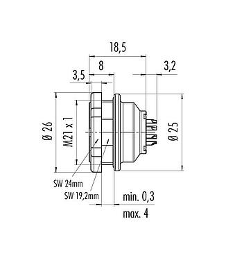 Dibujo a escala Push Pull Enchufe de brida, Número de contactos: 12, sin blindaje, soldadura, IP67, M21x1,0, Montaje en pared
